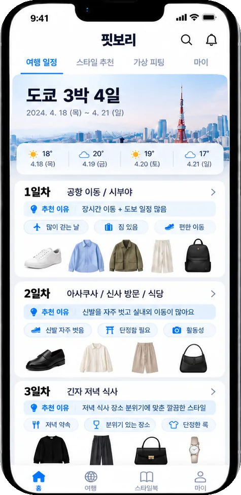 핏보리 앱 여행 일정 화면 콘셉트: 도쿄 3박 4일, 일차별 날씨와 추천 이유, 그날 입을 옷